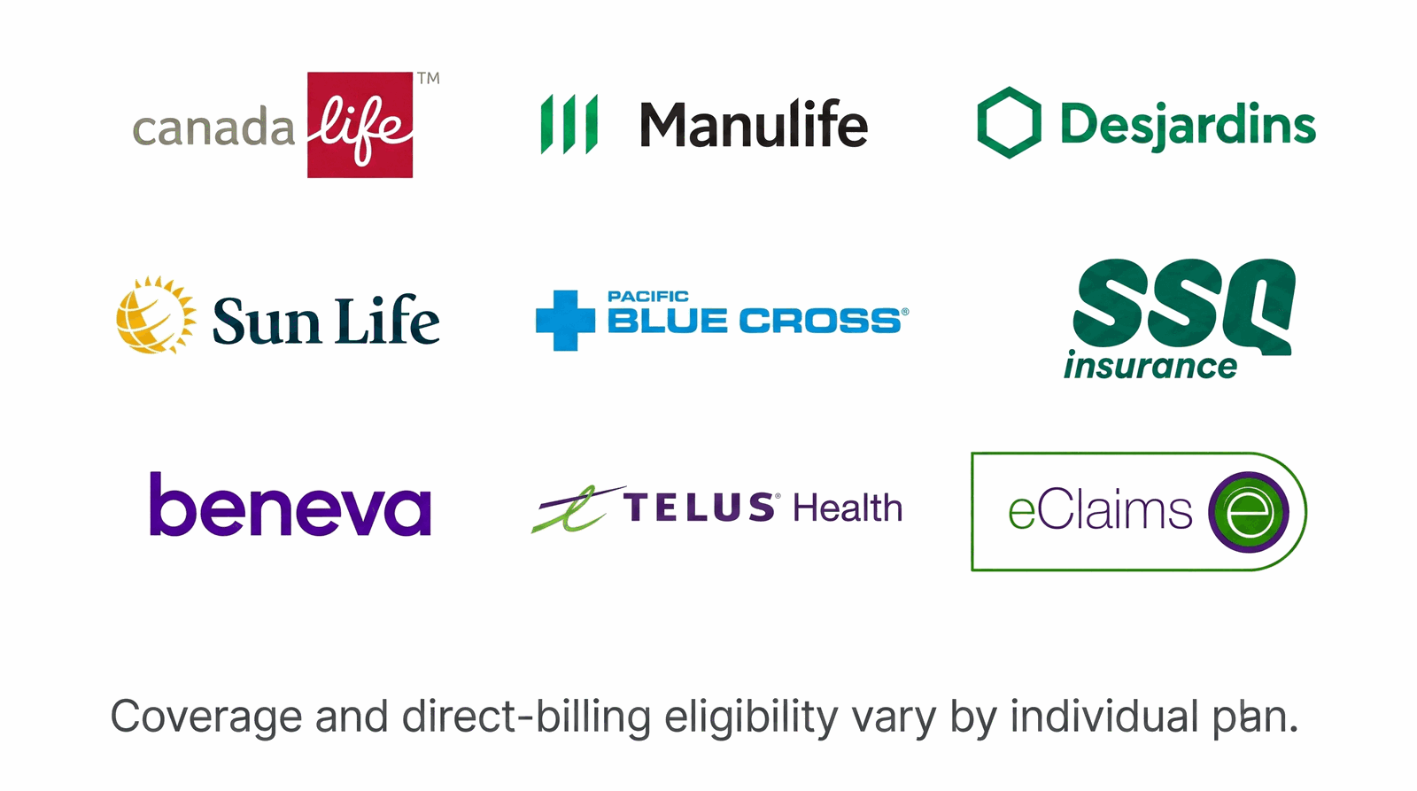 Insurance providers we can bill or provide receipts for, including Canada Life, Manulife, Desjardins, Sun Life, Pacific Blue Cross, SSQ, Beneva, TELUS Health, and eClaims